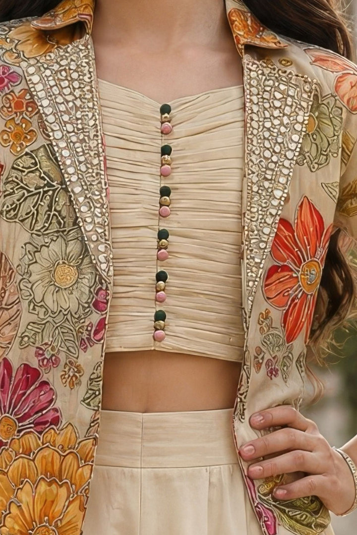 Beige Floral Print, Zari, Sequins, Beads and Mirror work Jacket Styled Palazzo Set for Girls