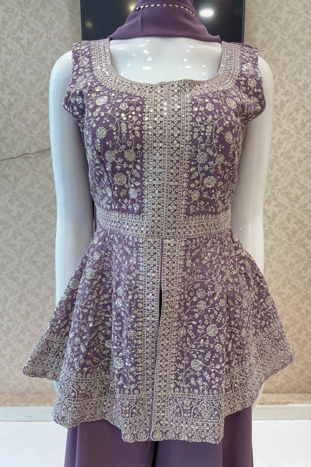 Lilac Sequins and Zari work Peplum Top with Palazzo Suit Set