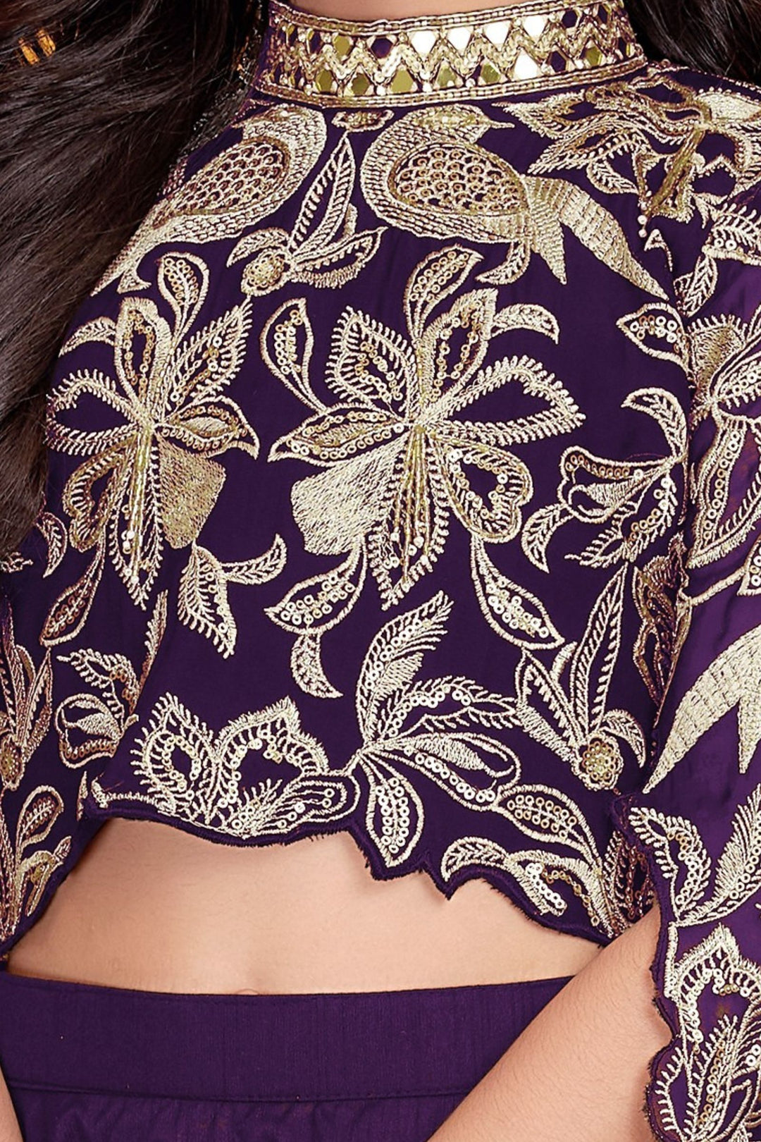 Wine Zari, Sequins, Beads, Mirror and Stone work Lehenga Choli for Girls