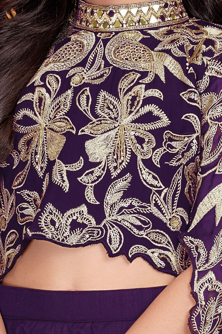 Wine Zari, Sequins, Beads, Mirror and Stone work Lehenga Choli for Girls