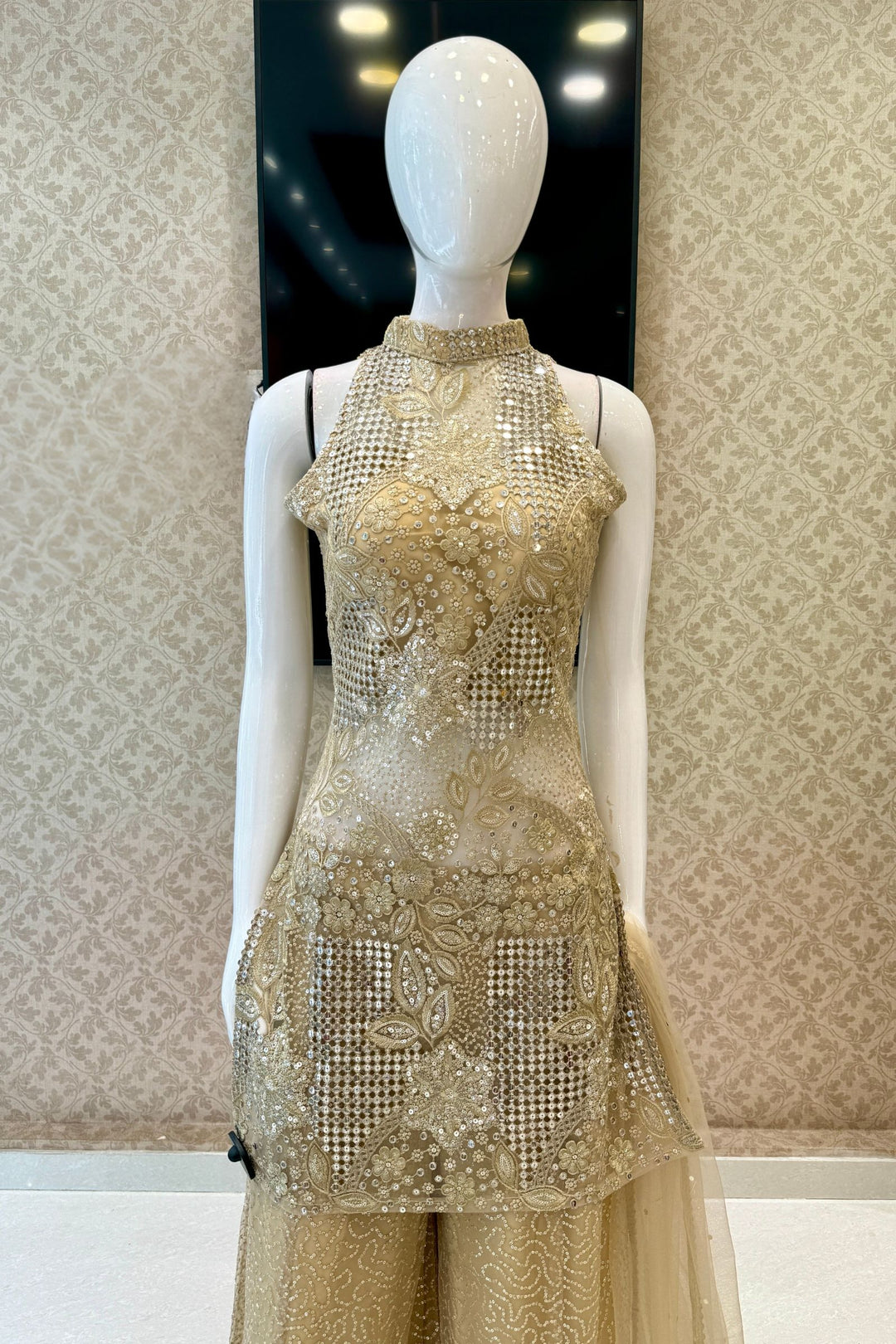 Gold Halter Neck Palazzo Salwar Suit with Sequins, Zari and Embroidery Detailing