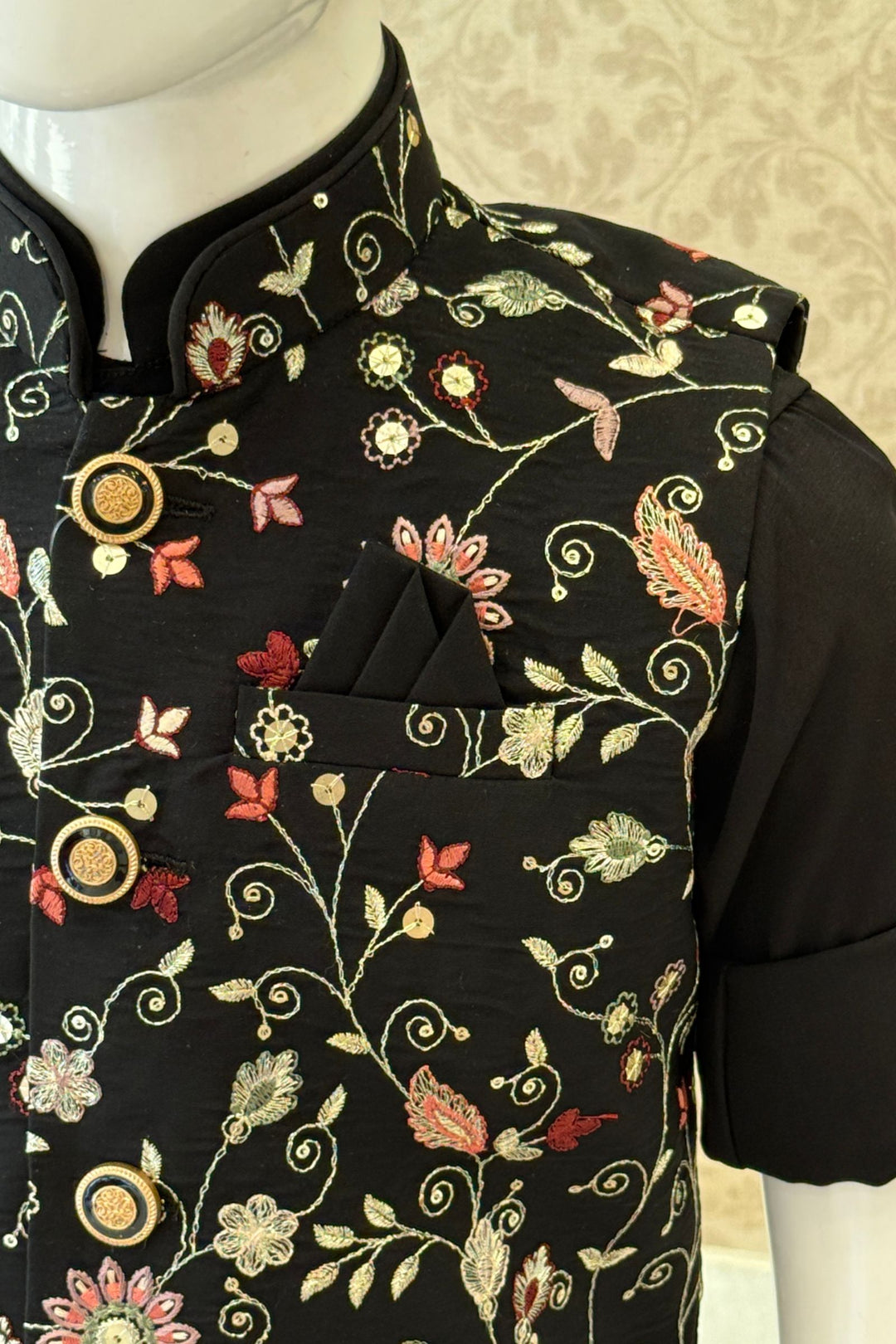 Black Zari, Sequins and Multicolor Thread work Waist Coat Kurta Set for Boys