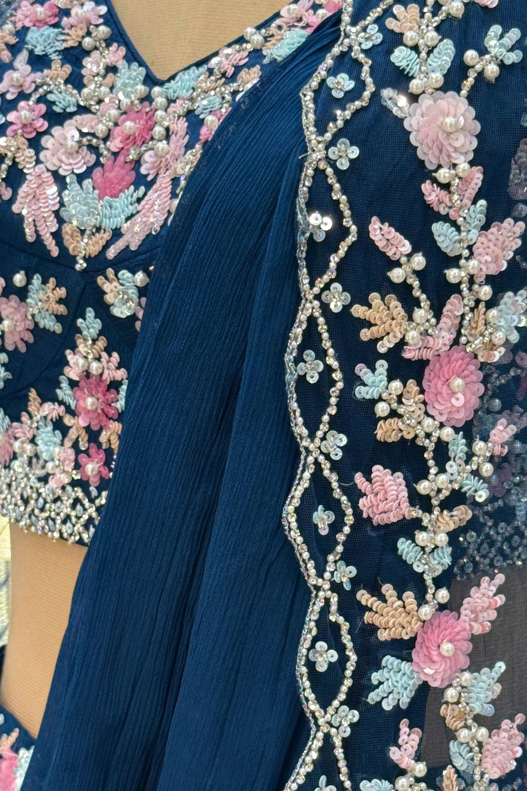 Teal Blue Sequins, Stone and Pearl work Indo-Western Styled Crop Top Lehenga  with Overcoat