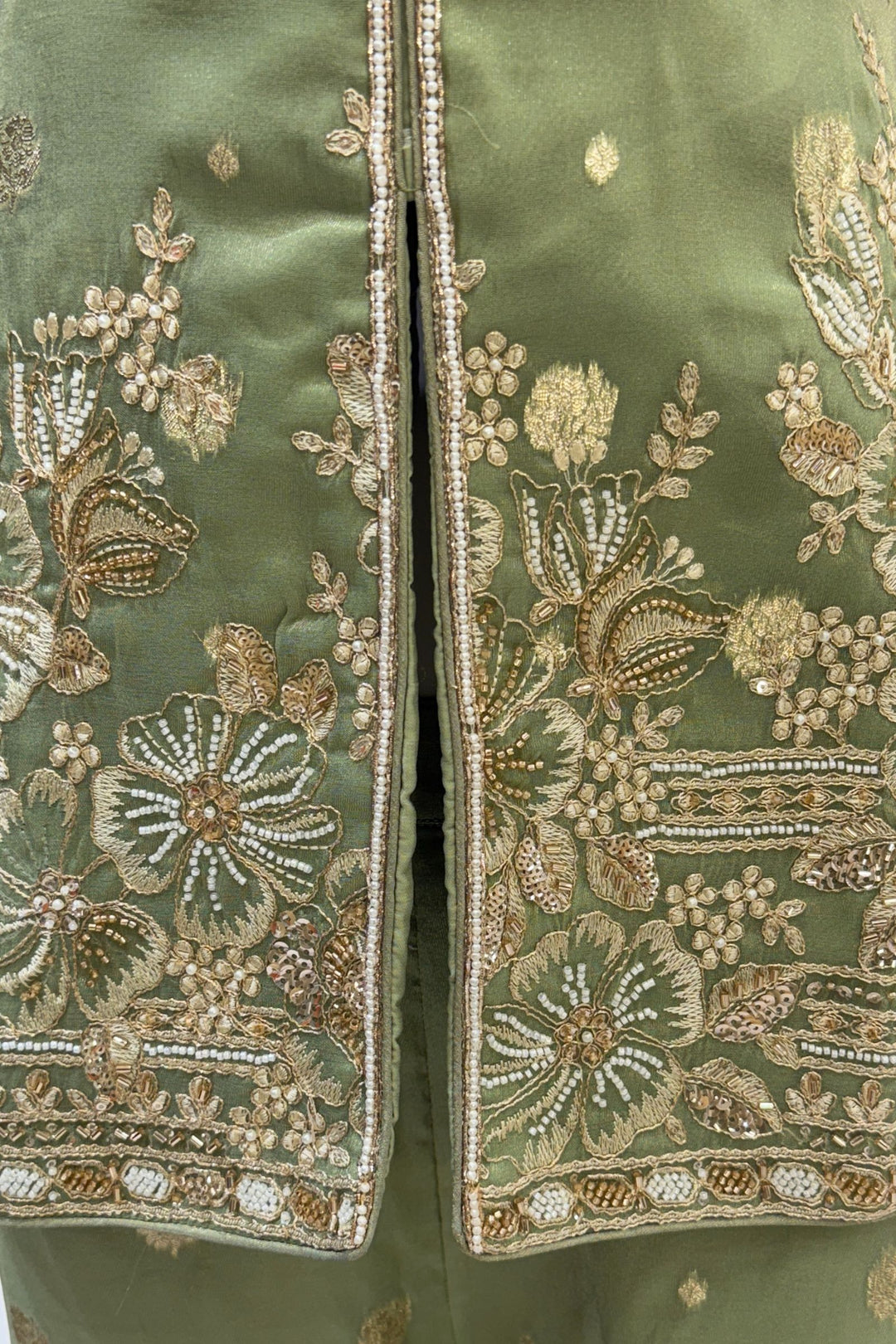Pista Green Beads, Banaras, Sequins, Stone, and Thread work Salwar with Palazzo Pant