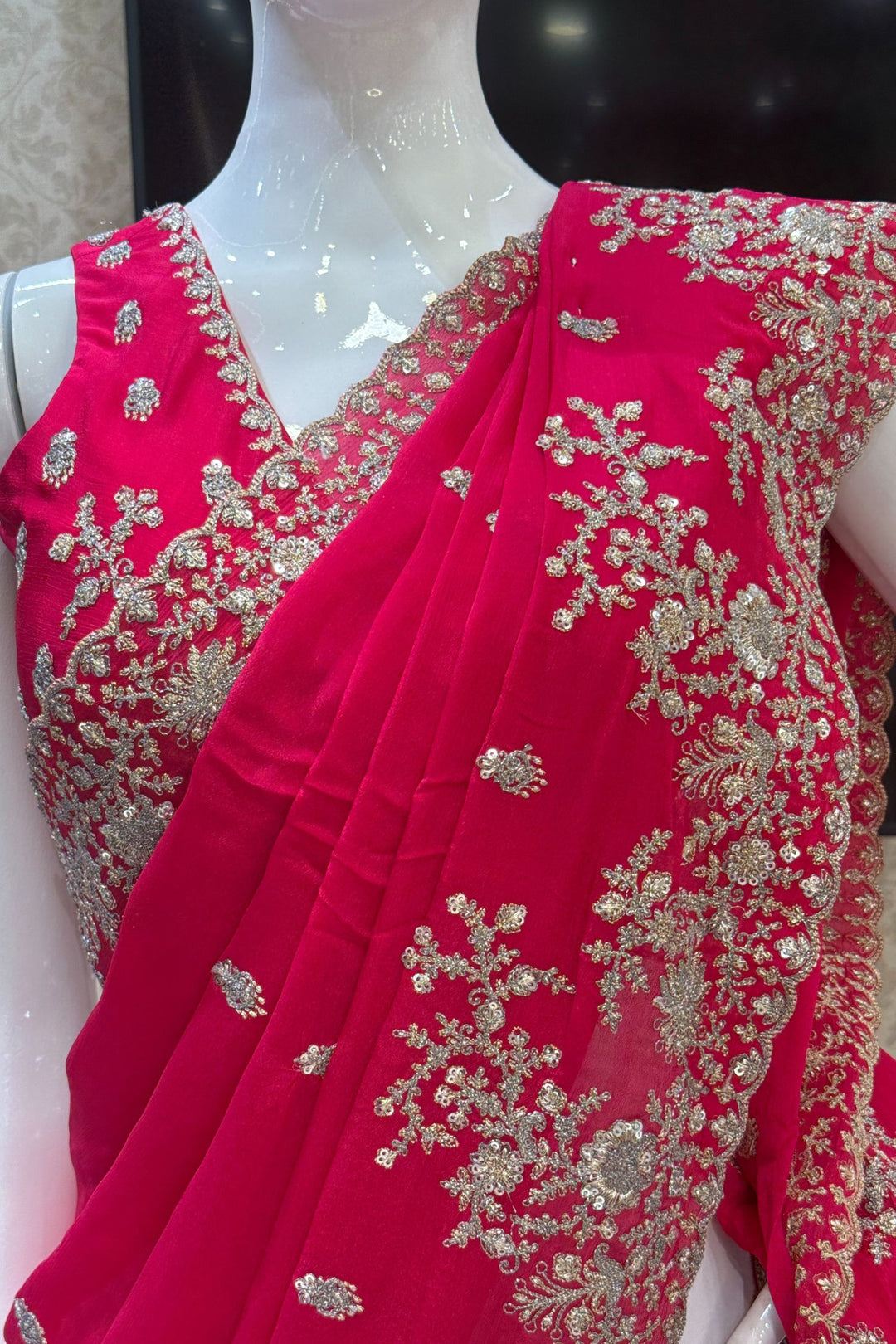 Rani Pink Zari and Sequins work Saree