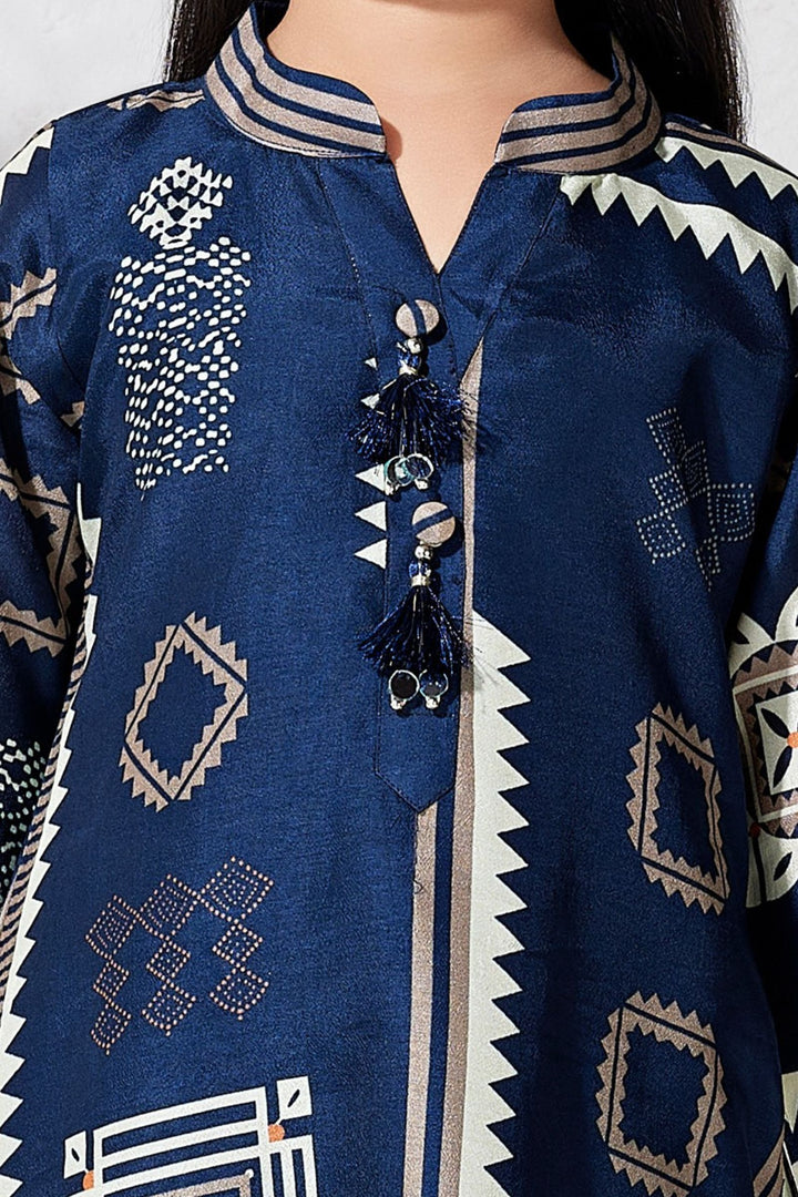Navy Blue Digital Print A-Line Cut Salwar Suit for Girls