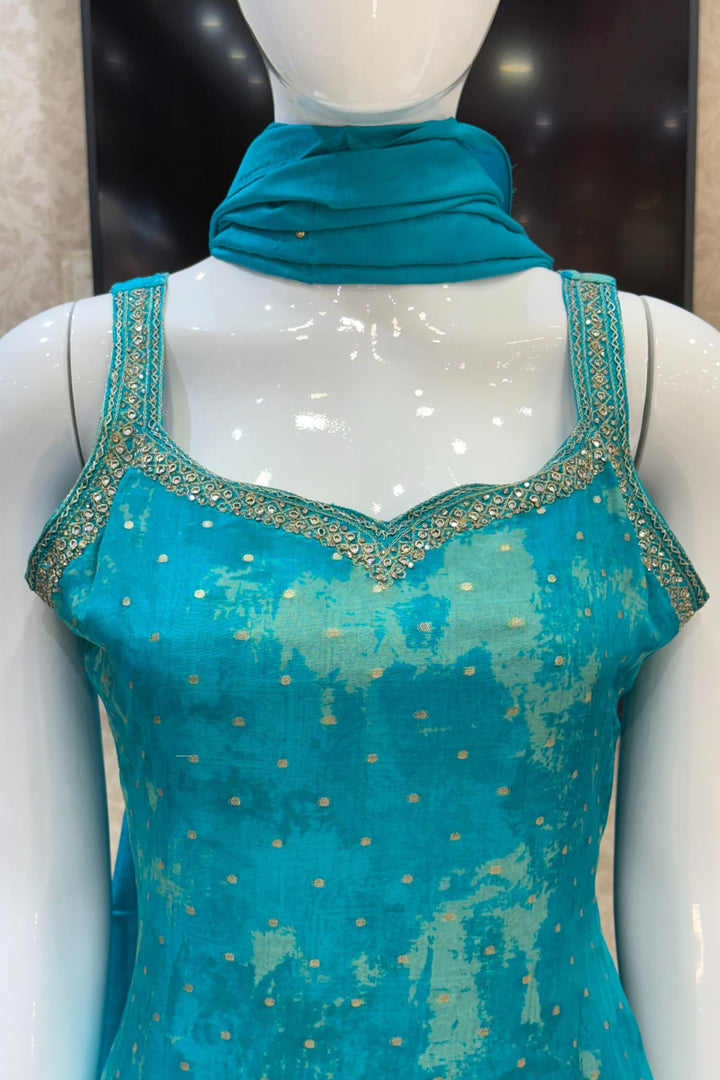 Rama Blue Stone, Zari, Zardozi and Mirror work Straight Cut Salwar Suit