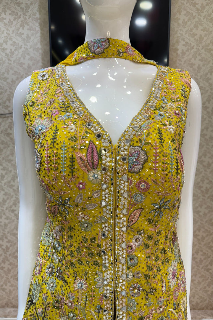 Yellow Multicolor Embroidery, Sequins, Pearl, Stone and Mirror work Salwar with Palazzo Pant