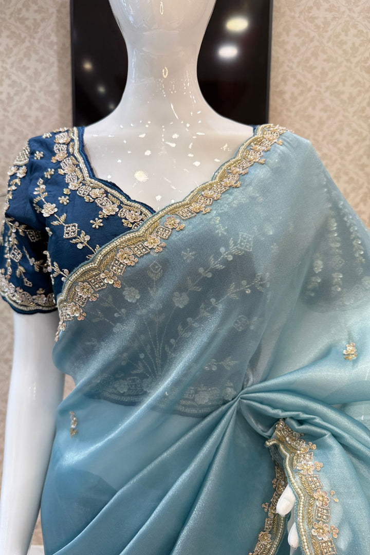 Firozi Blue Beads, Sequins, Zari and Pearls work Saree