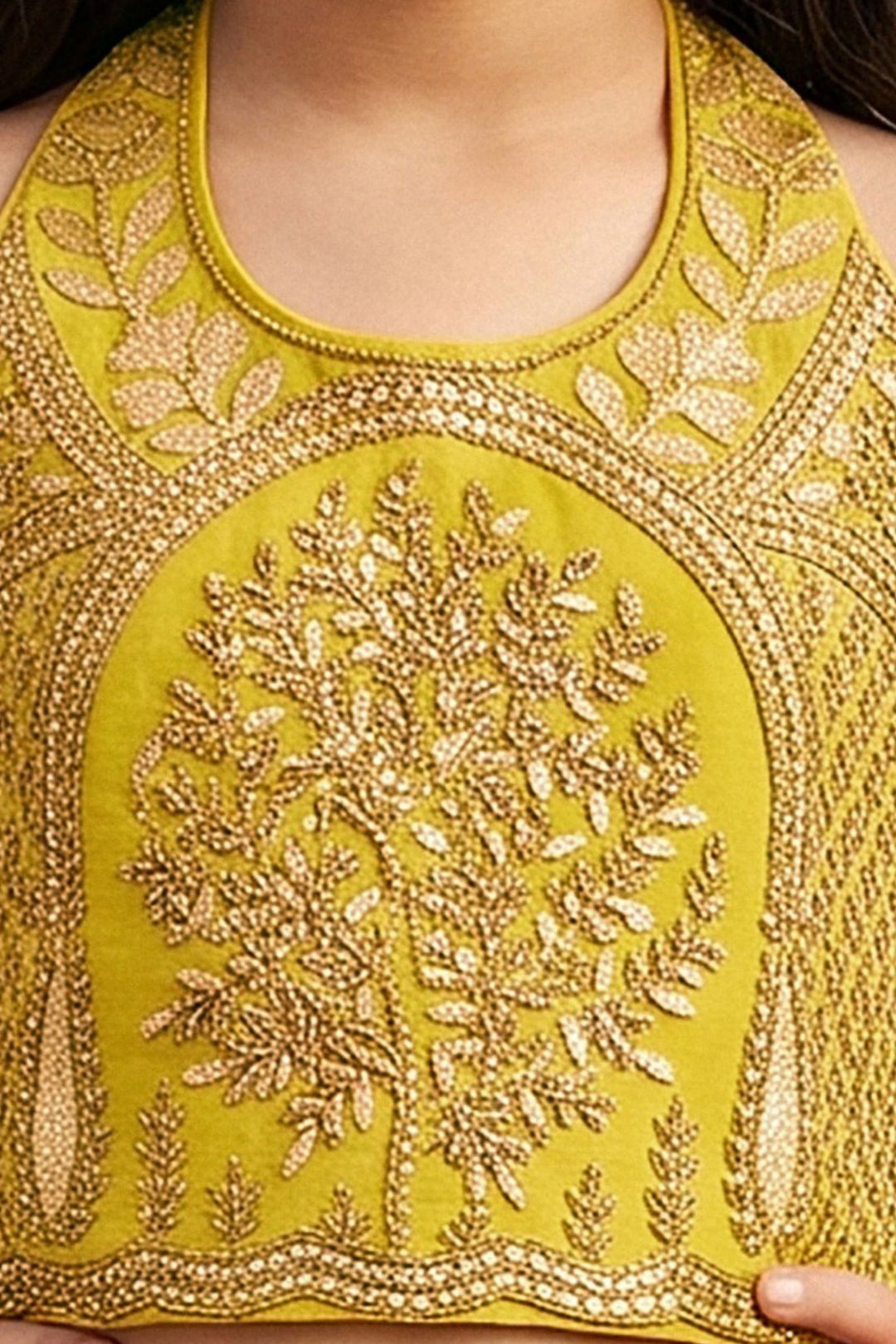 Mustard Yellow Halter Neck Girls Lehenga Choli with Gold Zari Embroidery and Sequins work