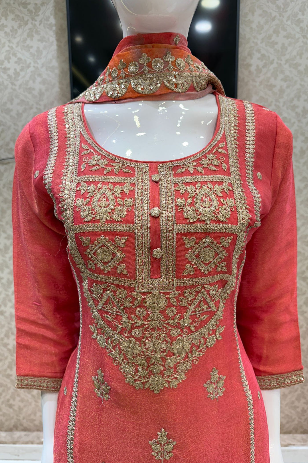 Tomato Red Zari and Sequins work with Digital Print Palazzo Salwar Suit