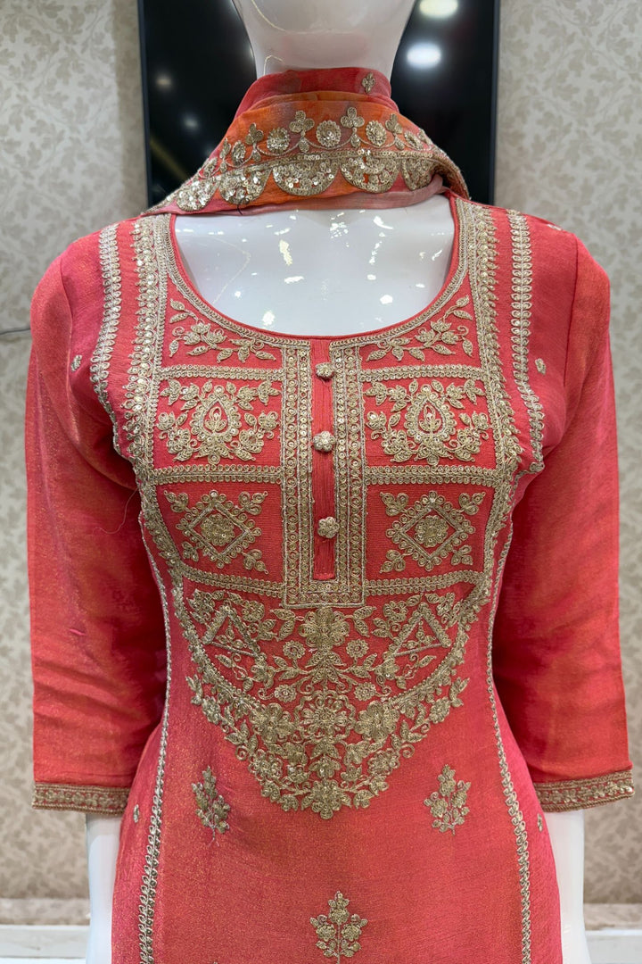 Tomato Red Zari and Sequins work with Digital Print Palazzo Salwar Suit