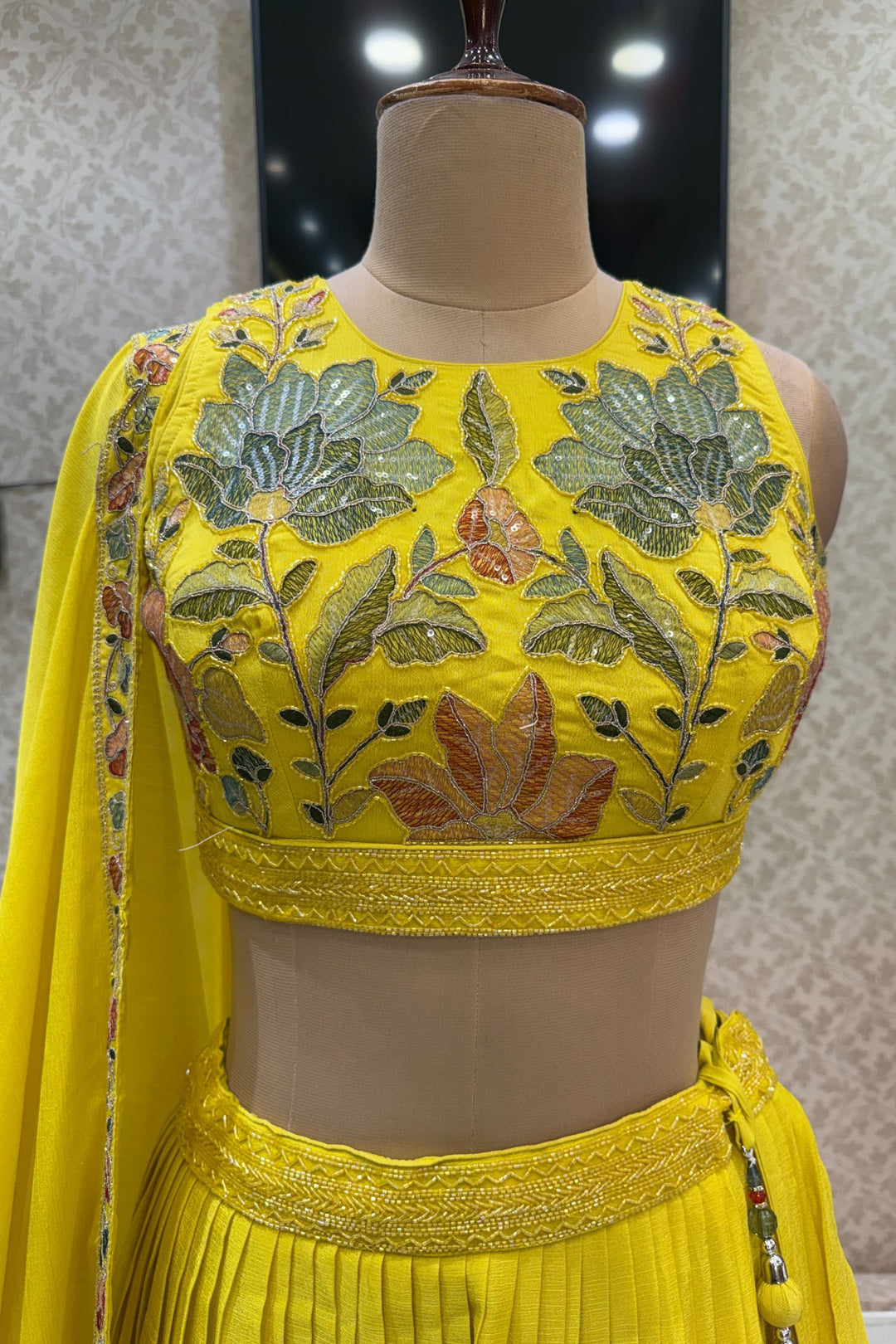 Yellow Multicolor Thread, Beads, Zari Thread and Sequins work Crop Top Lehenga