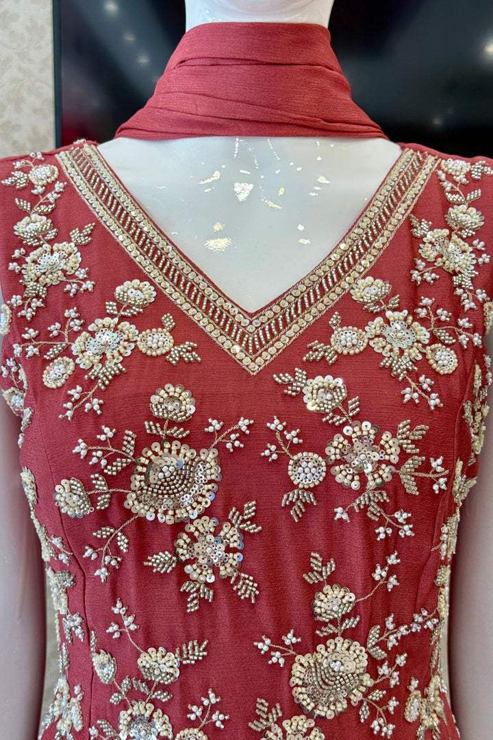Rust Beads, Zari and Sequins work Palazzo Salwar Suit