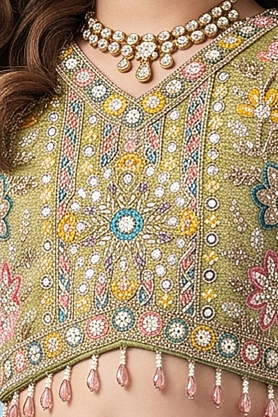 Pista Green Embroidery, Zari, Sequins and Beads work Lehenga Choli for Girls