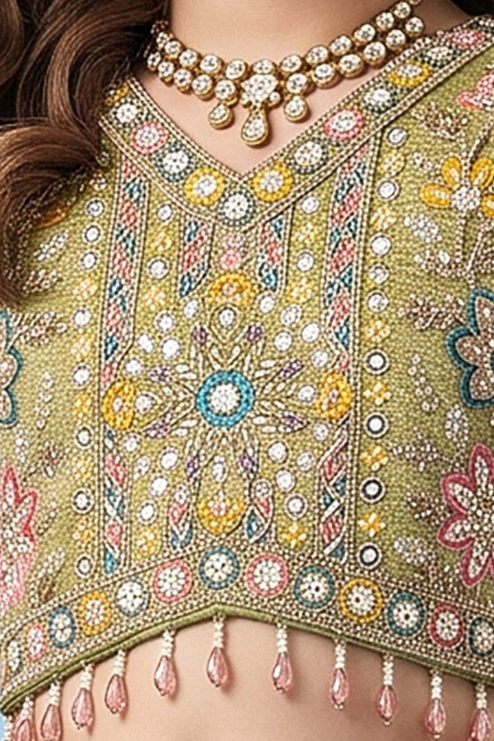Pista Green Embroidery, Zari, Sequins and Beads work Lehenga Choli for Girls