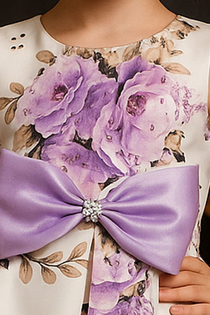 Half White Stone work with Floral Print Short Partywear Frock for Girls