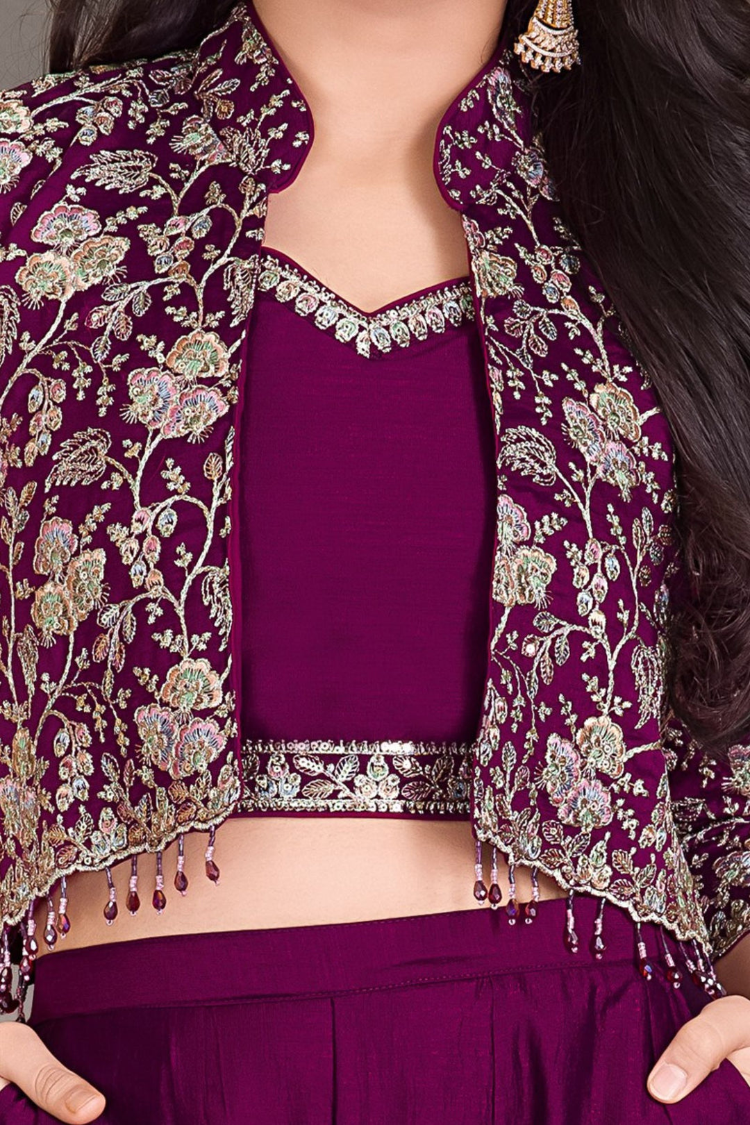 Wine Multicolor Embroidery, Zari, Sequins and Beads work Jacket Styled Palazzo Set for Girls