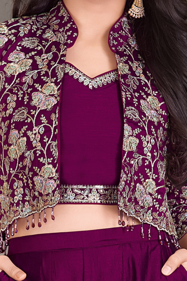 Wine Multicolor Embroidery, Zari, Sequins and Beads work Jacket Styled Palazzo Set for Girls