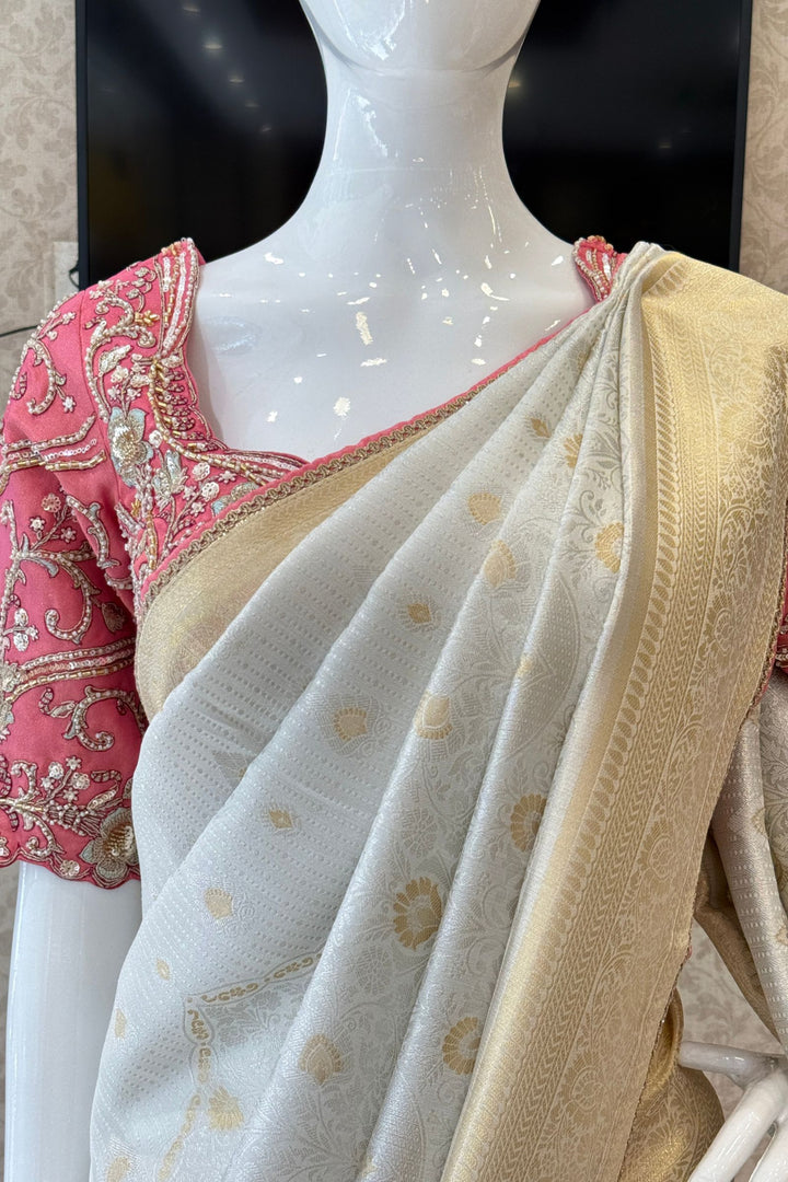 Silver Zari work Saree with Pearl, Zardozi, Beads and Sequins work Readymade Blouse