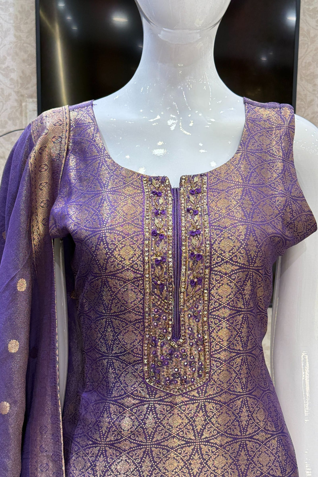 Purple Zardozi, Stone, Beads, Sequins and Brocade work Straight Cut Salwar Suit