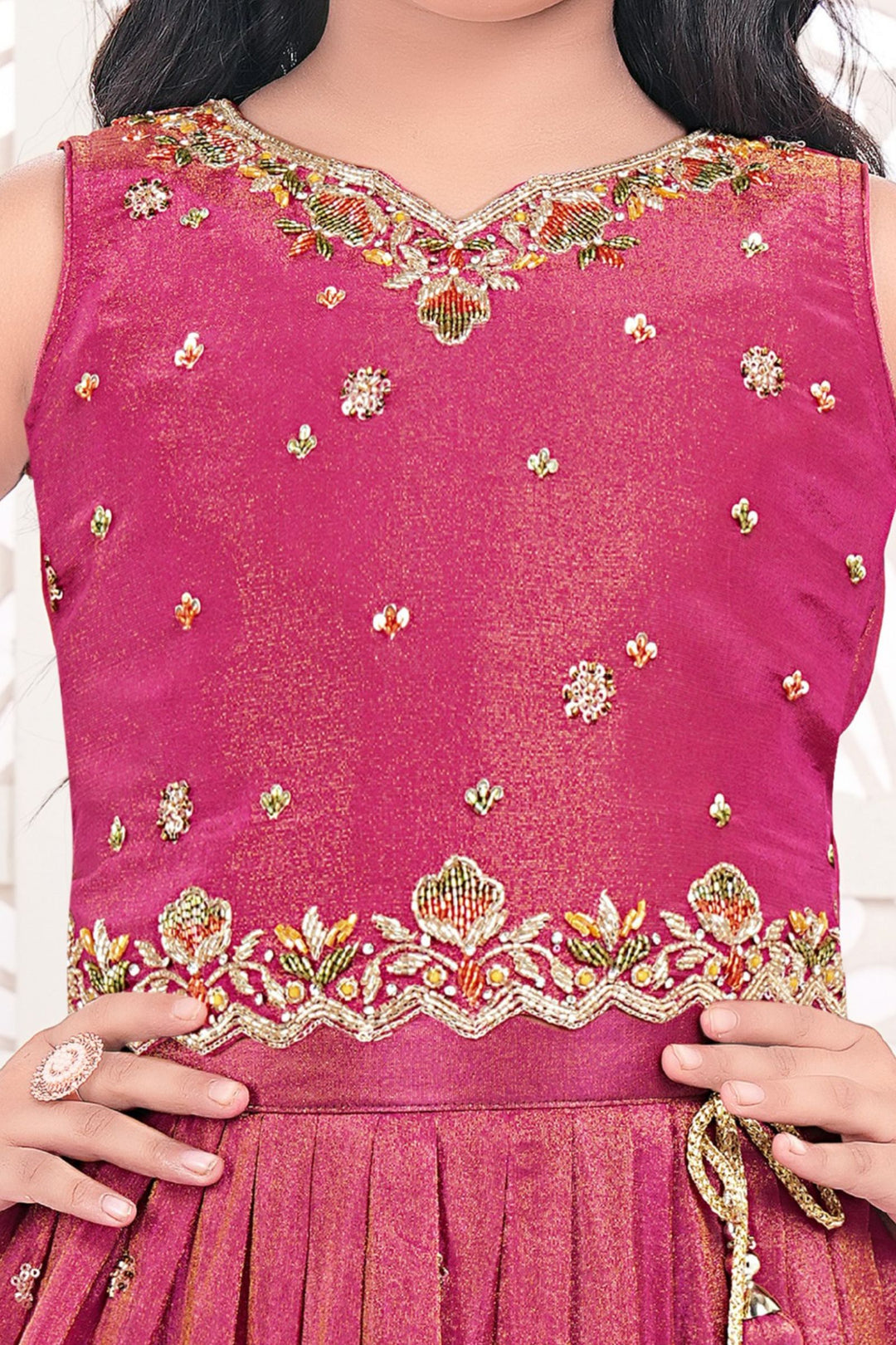 Rani Pink Sequins, Beads and Stone work with Floral Print Lehenga Choli for Girls