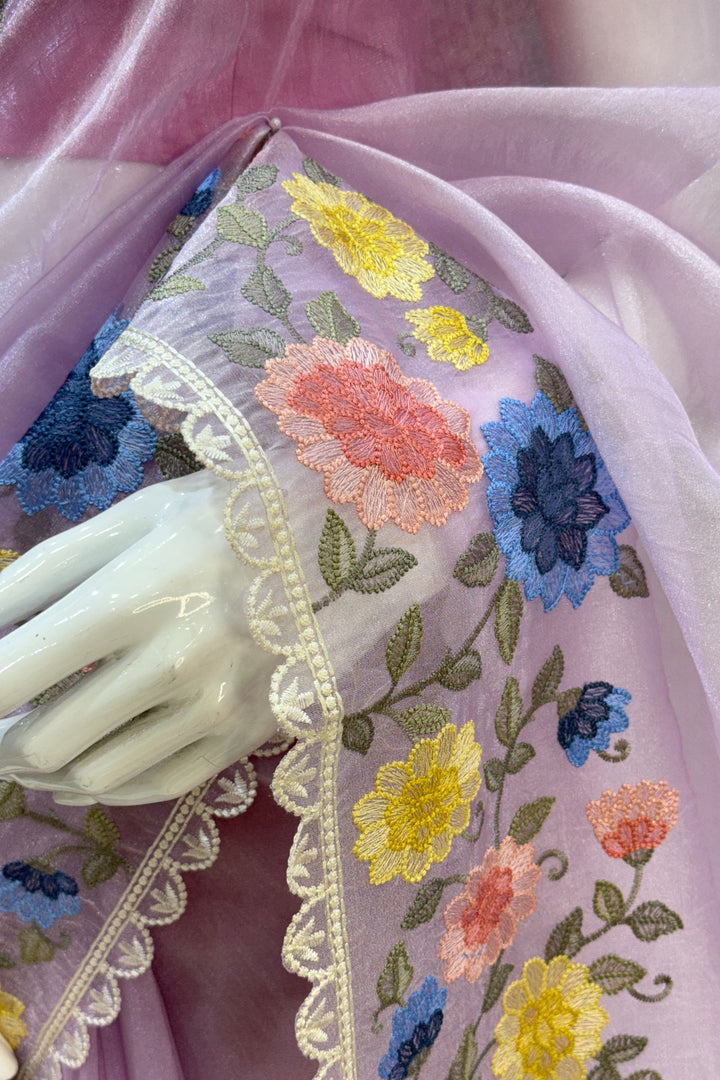 Lilac Multicolor Embroidery work Saree