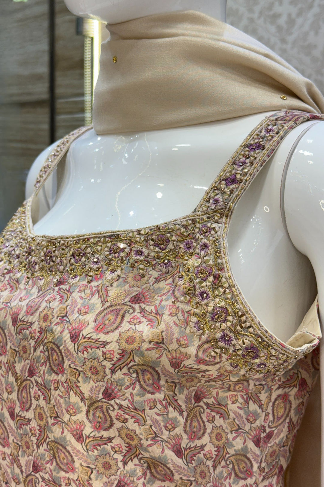 Beige Banaras, Stone and Zari Weaving work with Digital Print Straight Cut Salwar Suit