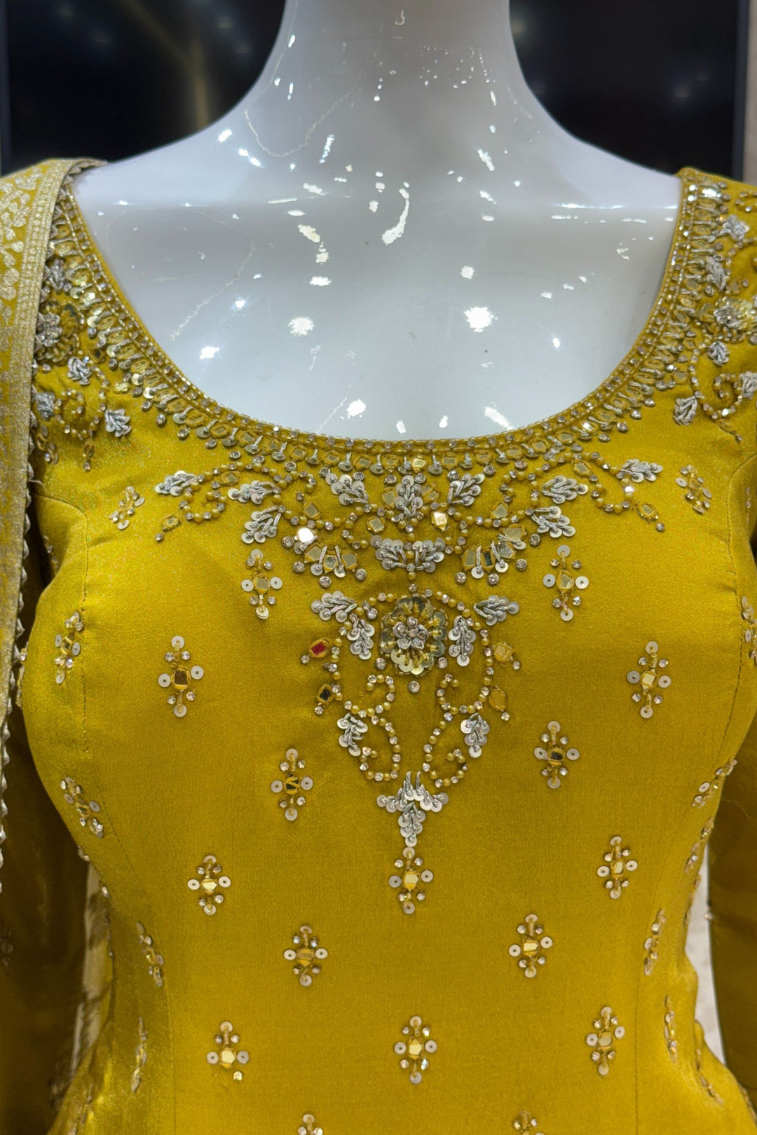 Yellow Mirror, Stone, Sequins, Zari, Beads and Banaras work Top with Lehenga