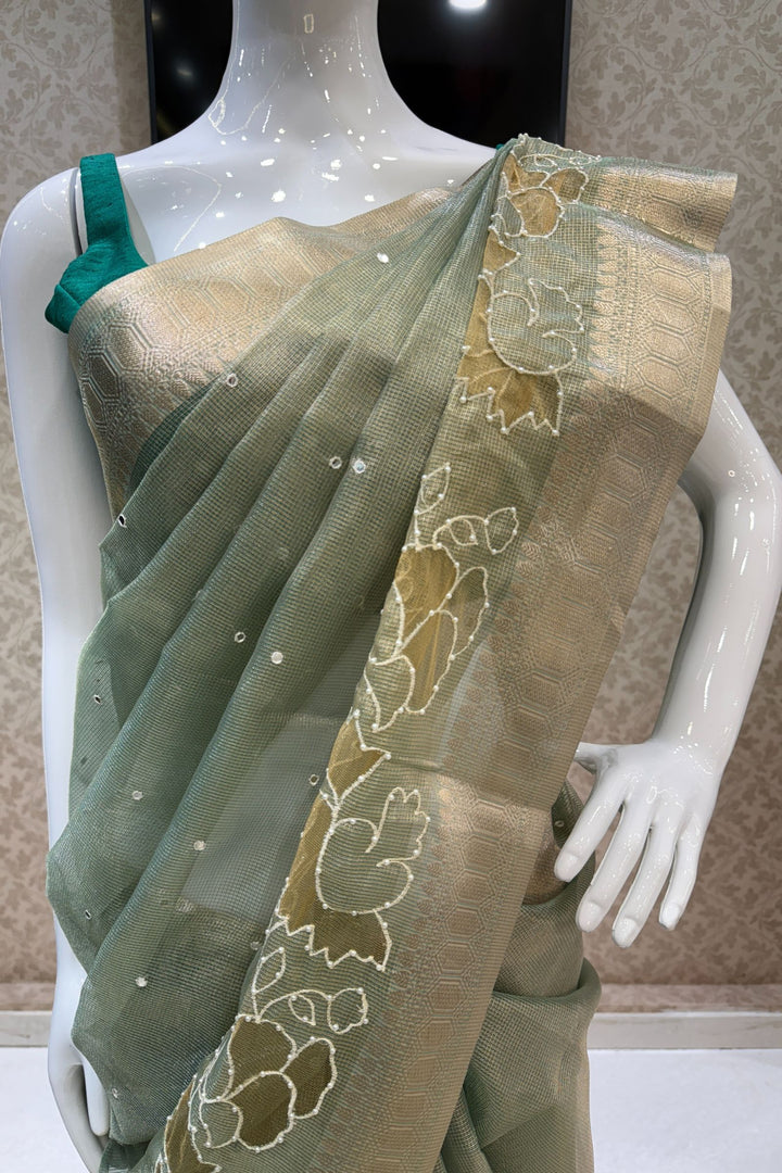 Pista Green Pearl and Thread work Saree