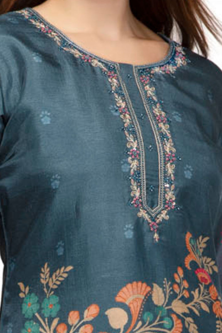 Teal Blue Beads and Mirror work with Floral Print Calf Length Kurti