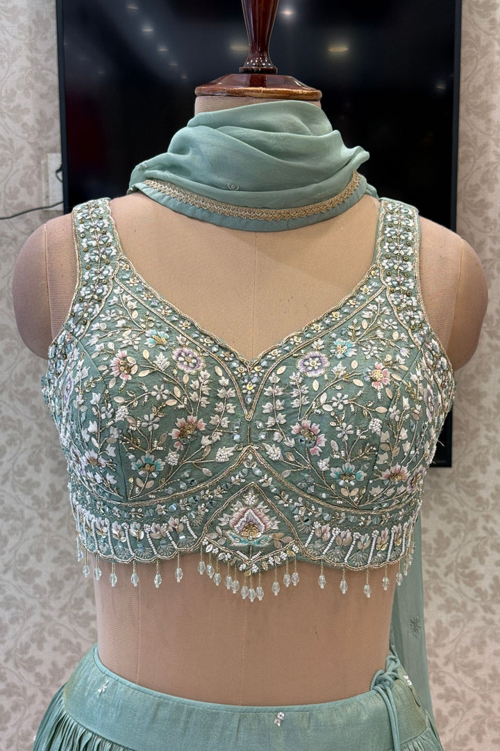 Sea Green Mirror, Stone, Zardozi, Beads and Embroidery work Lehenga