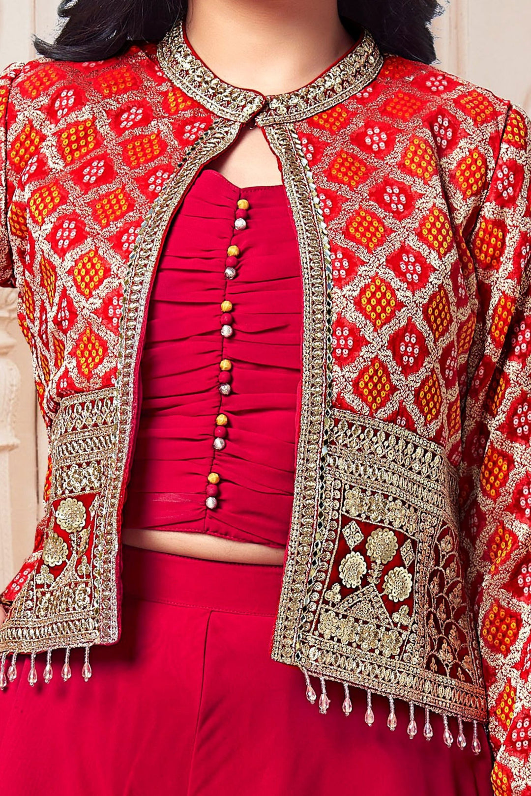 Red Sequins, Zari and Jacquard work with Bandini Print Jacket Styled Palazzo Set for Girls