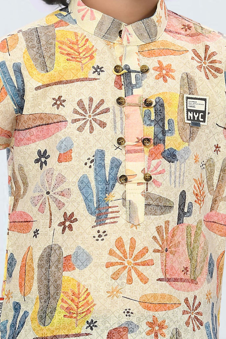 Cream with Multicolor Digital Print Casual wear Shirt and Blue Pant Set for Boys