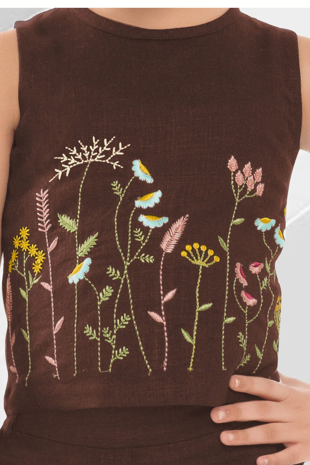 Brown Multicolor Thread work Co-ord Set for Girls