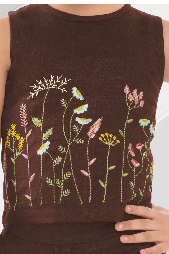 Brown Multicolor Thread work Co-ord Set for Girls