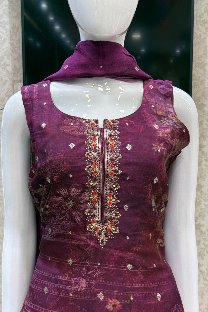 Wine Straight Cut Salwar Suit with Digital Print, Mirror, Zari and Banaras work