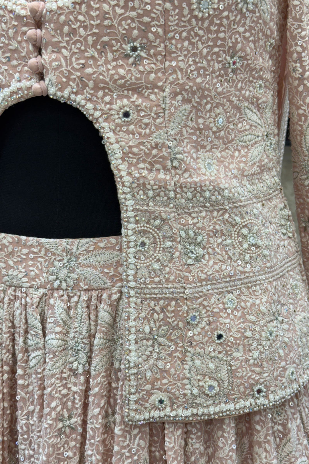 Peach Lucknowi, Sequins, Mirror, Beads and Zari work Crop Top Lehenga