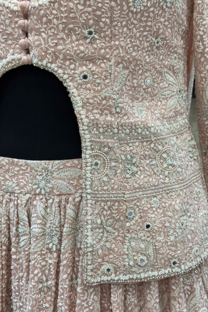Peach Lucknowi, Sequins, Mirror, Beads and Zari work Crop Top Lehenga