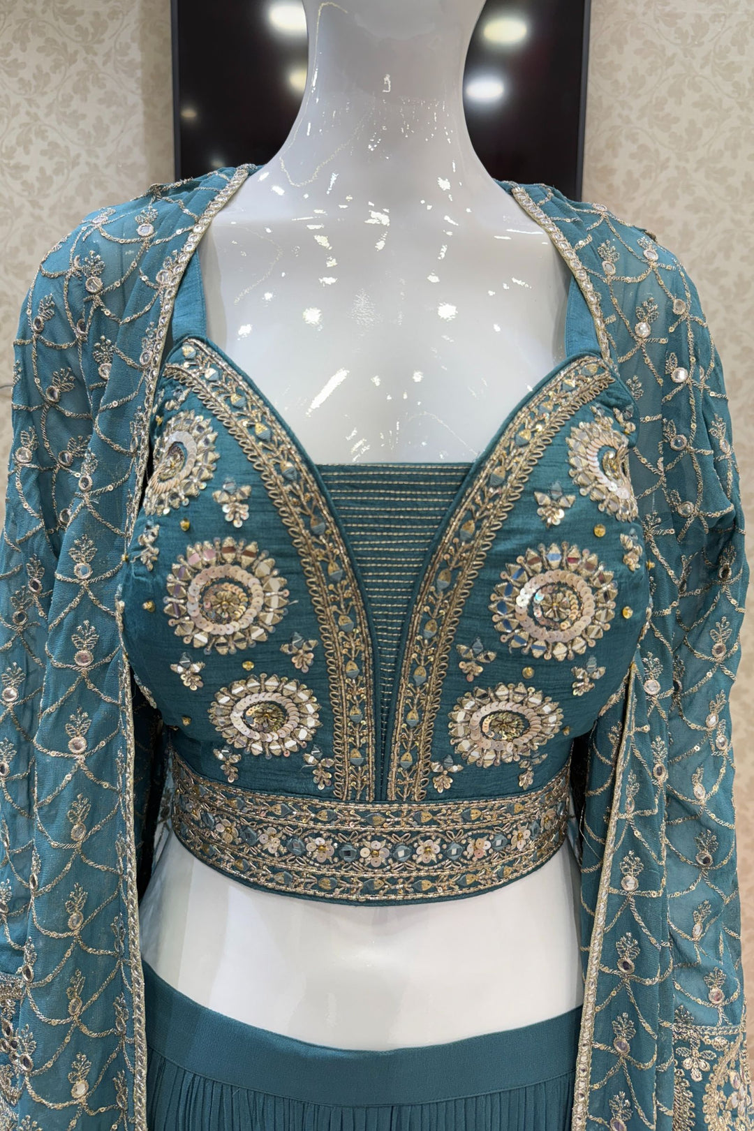 Green Mirror, Zardozi, Sequins and Beads work Overcoat Styled Palazzo Suit Set