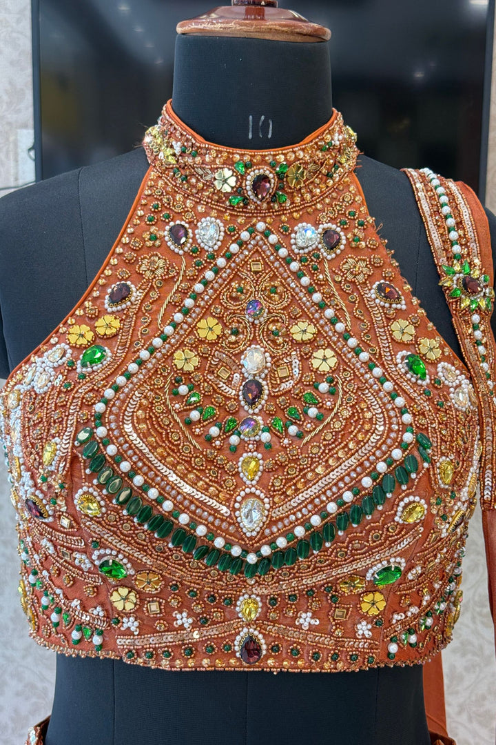 Rust Beads, Zardozi, Stone, Sequins and Pearl work with Halter Neck Crop Top Lehenga