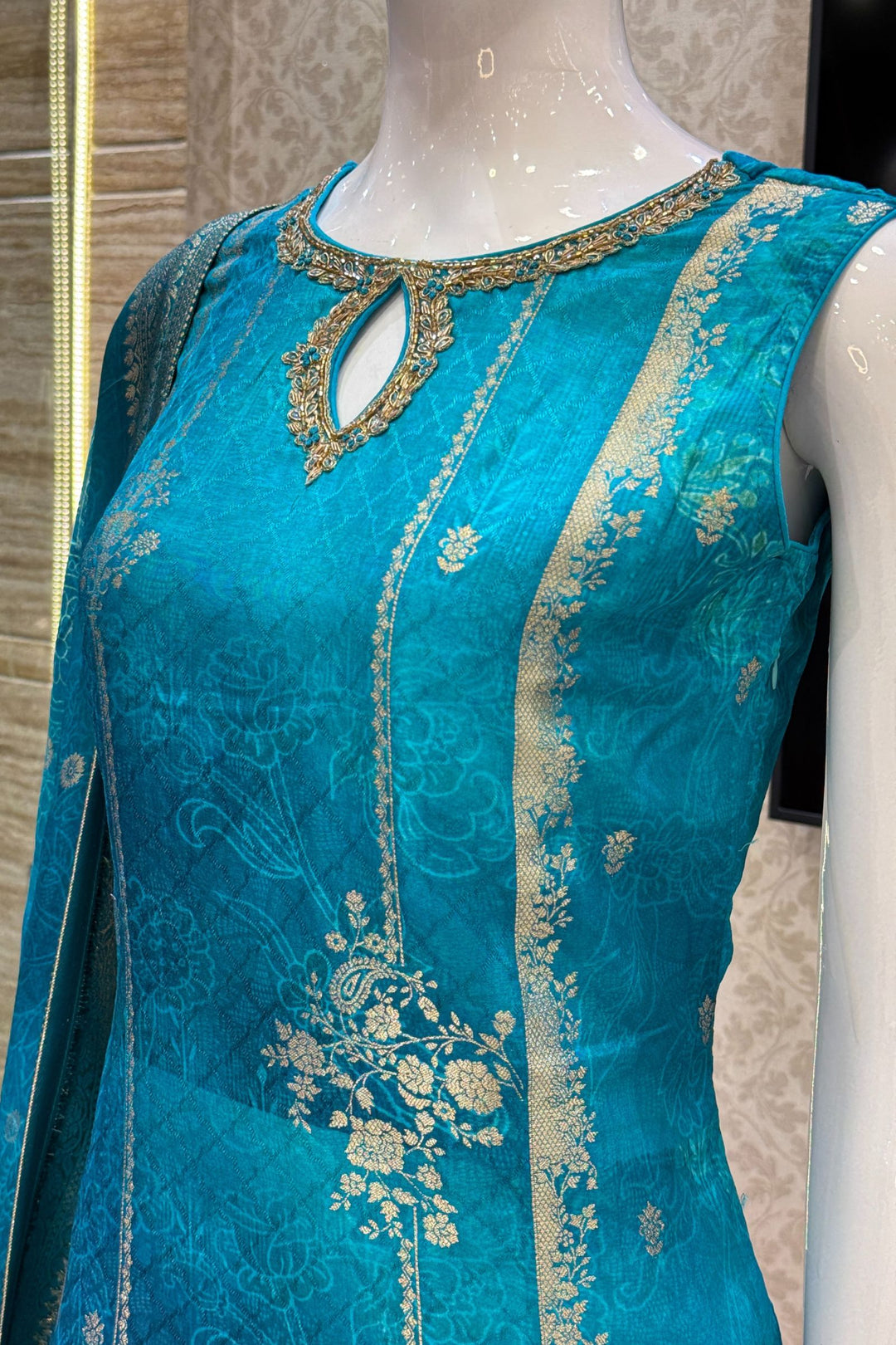 Rama Blue Banaras, Zardozi, Beads, Stone and Zari work Straight Cut Salwar Suit