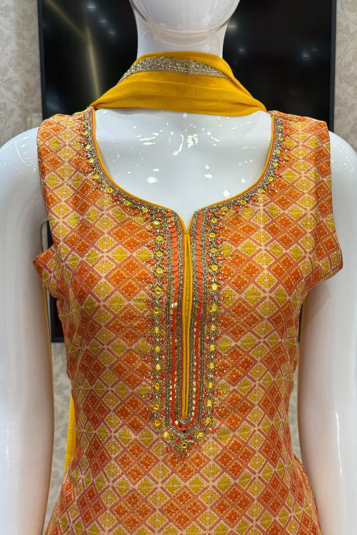 Yellow Beads, Stone, Mirror, Zardozi and Thread work with Digital Print Straight Cut Salwar Suit