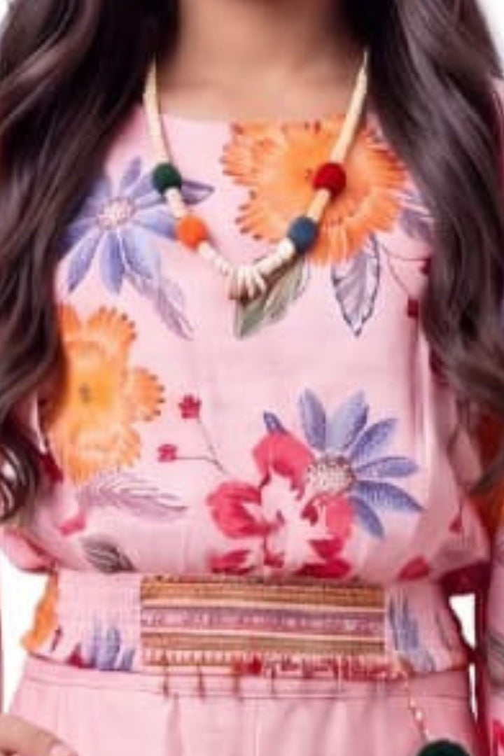Pink Beads work with Floral Print Palazzo Set for Girls