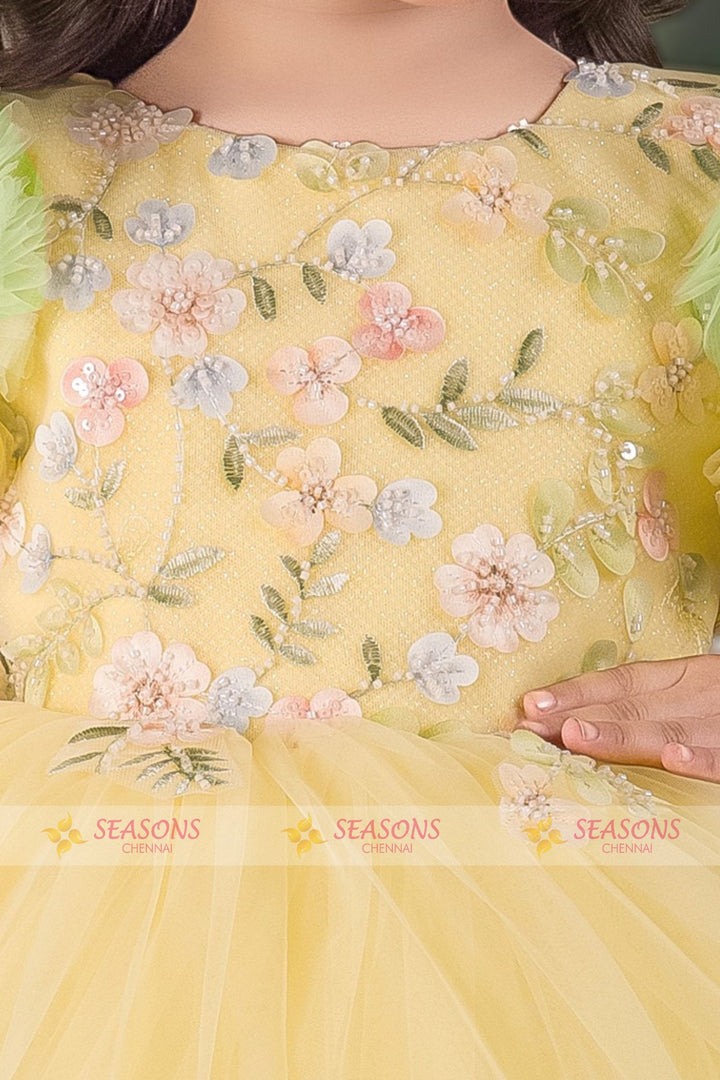 Yellow with Green Beads work Short Partywear Frock for Girls