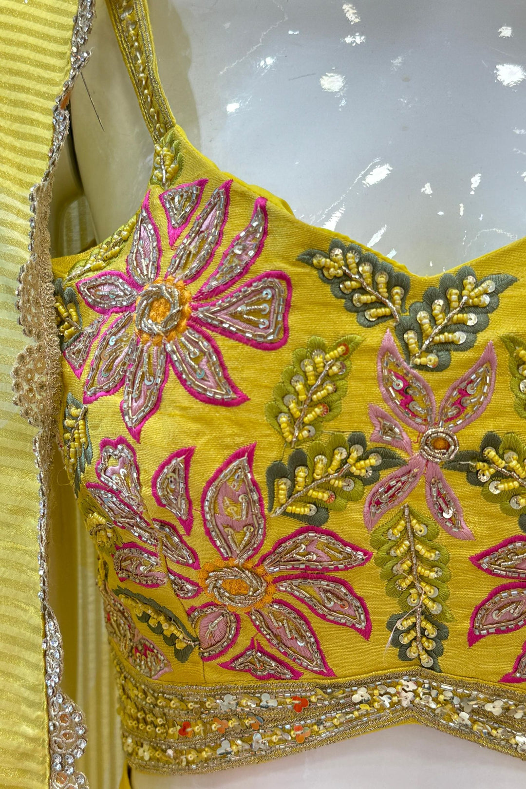 Lemon Yellow Multicolor Embroidery work with Digital Print Cape, Crop Top and Cowl Skirt
