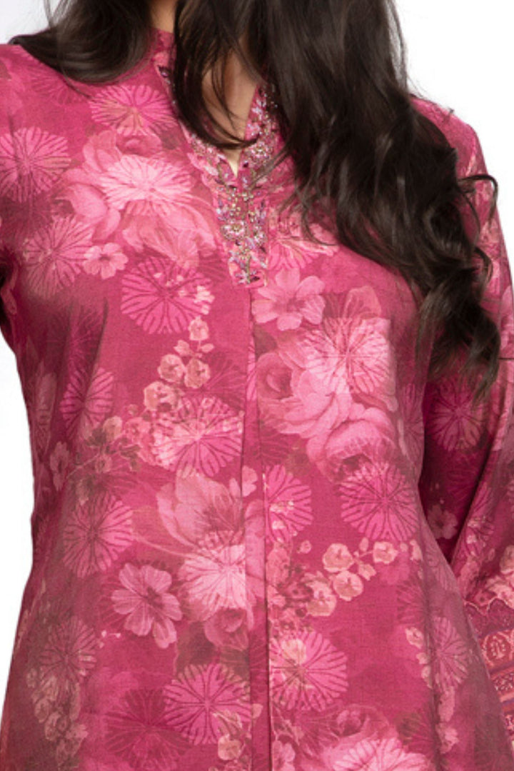 Magenta Beads, Sequins and Zardozi work with Digital Print A-Line Cut Calf Length Kurti