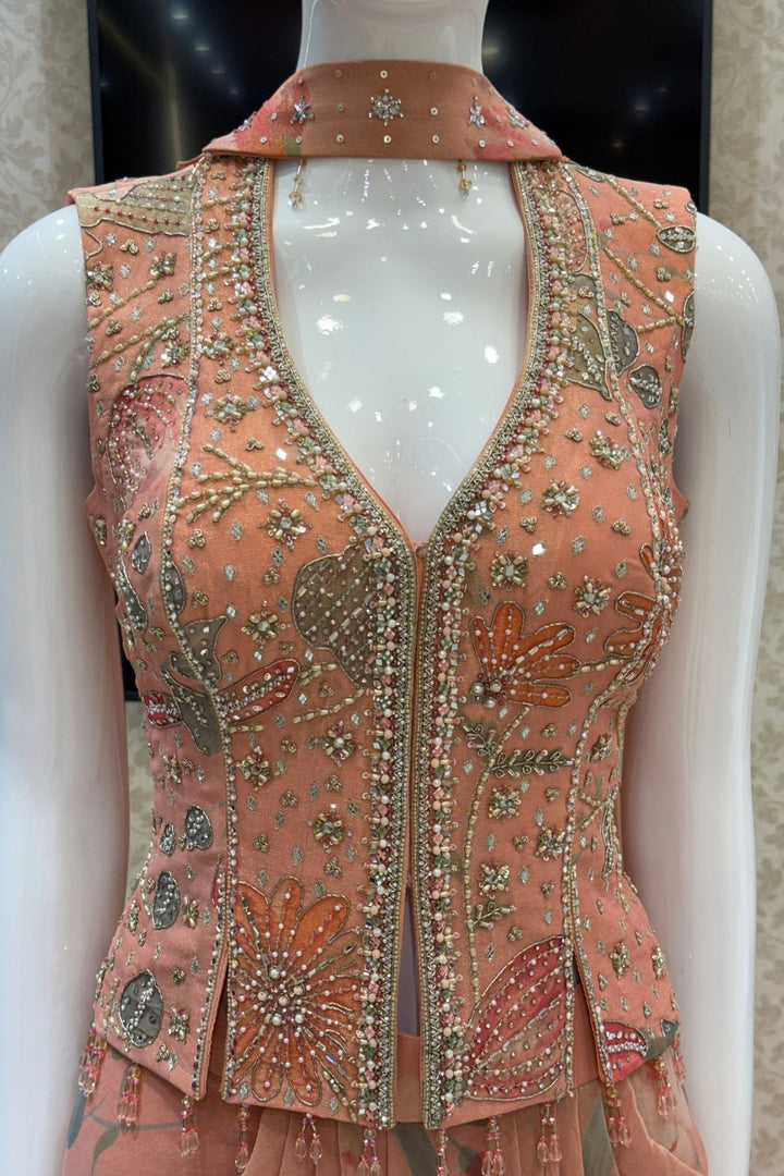 Peach Indo-Western Styled Halter Neck Top and Cowl Skirt