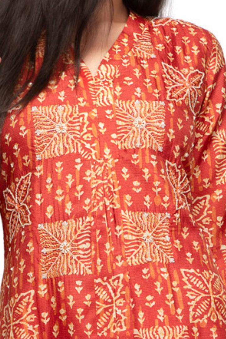 Rust Beads and Sequins work with Digital Print Calf Length Kurti