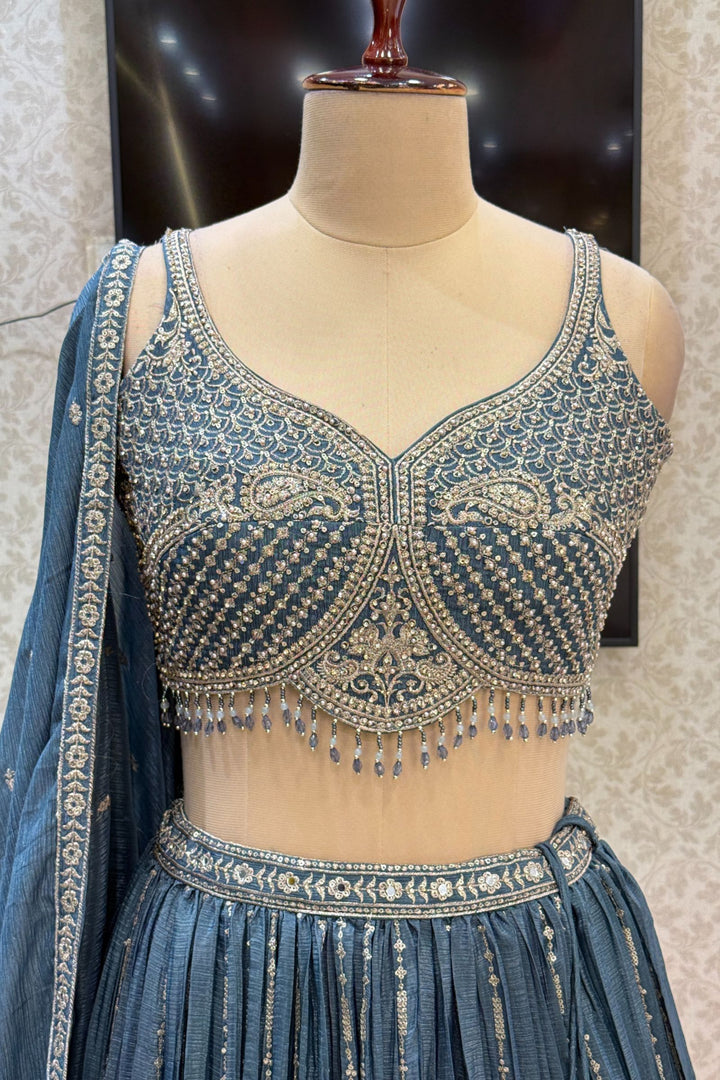 Grey Beads, Stone, Zari and Sequins work Crop Top Lehenga